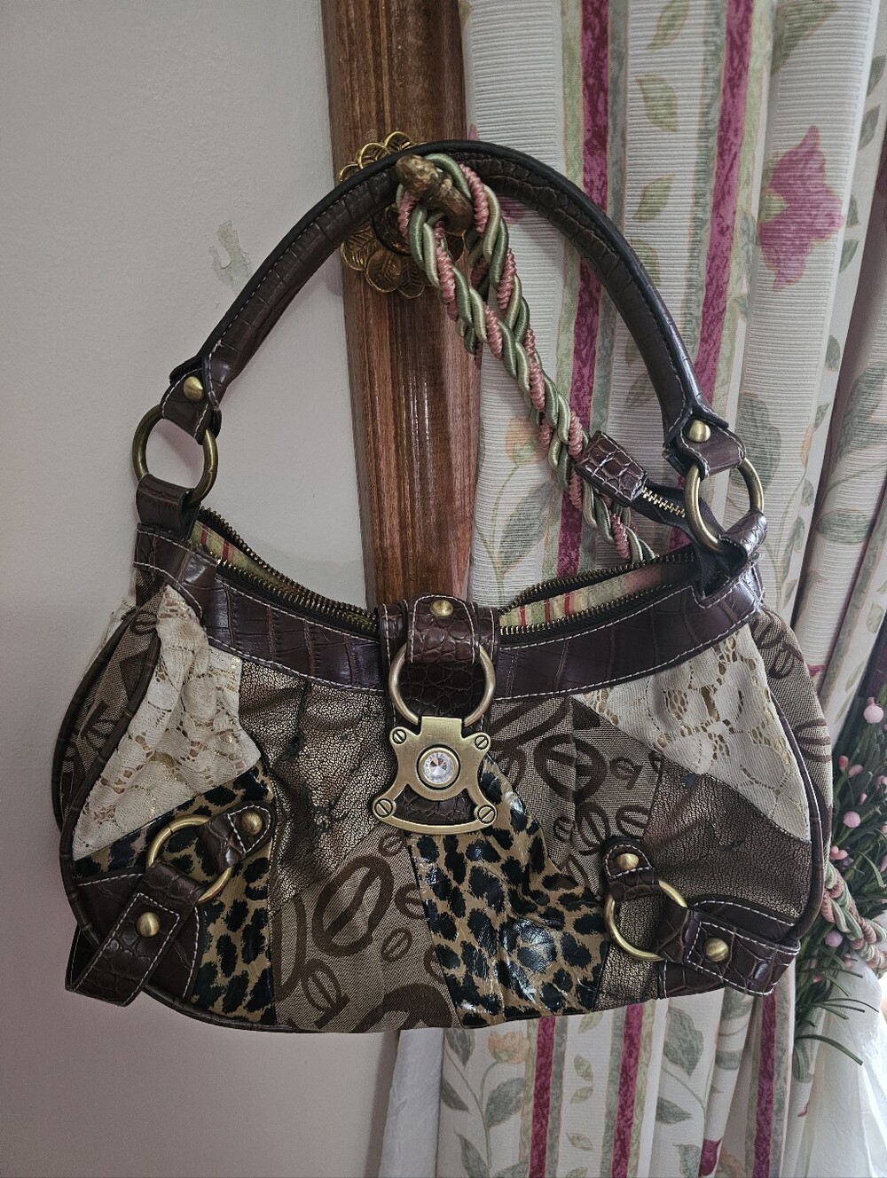 Y2K Multi-textured Brown and Beige Leopard Print and Abstract Patchwork Hand Bag